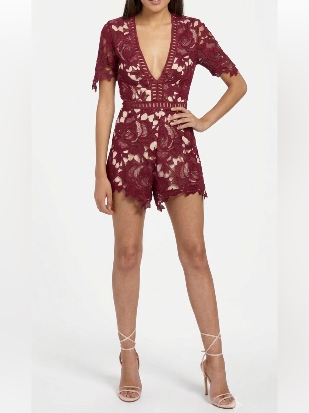 Missguided Burgundy Ladder Lace Romper Size 4